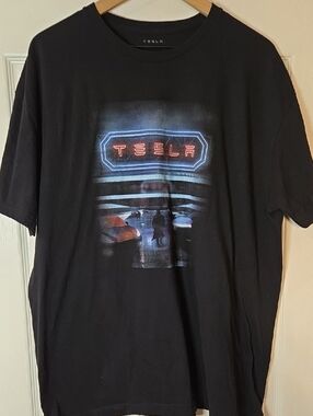 Tesla Black Tee with Neon Blue and Red Graphic